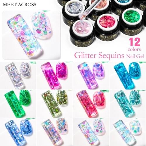 MEET ACROSS Gel Nail Polish Glitter Sequins Paint Hybrid VarnishTop Base Coat For Nail Set Semi Permanent For Manicure Nail Gel