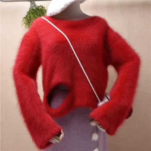 Short style pullover female women hairy fluffy mink cashmere Christmas red Fall winter angora rabbit hair jumper sweater pull
