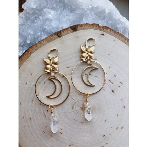 Cute Butterfly Earrings Moonstone Earrings Clear Quartz Celestial Earrings Witchy Gypsy Earring