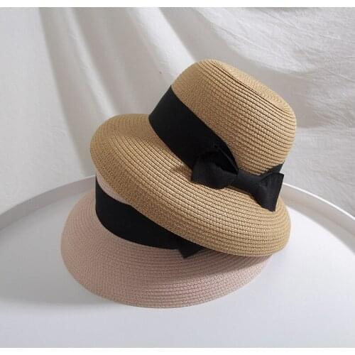 Hepburn Summer Sun Hat Ladies Elegant Bow Temperament Straw Hat Round Top UV Protection Floppy Straw Beach Hat Panama Chapeau