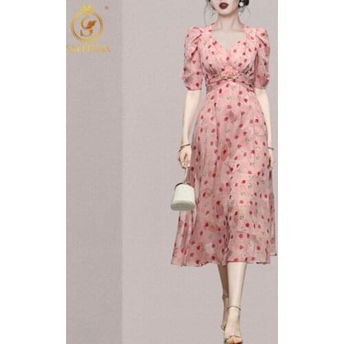 SMTHMA 2021 New Fashion Ladies Summer Dress Woman Puff Sleeve Print Korea Chic Dresses Vestidos Woman Clothing