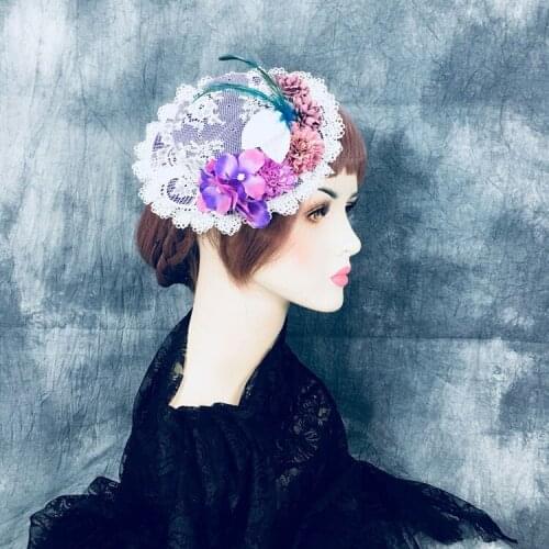 Vintage Lolita Girls Headwear Big Purple Lace Flower Top Fascinator Hat Hair Clips Cosplay Fancy Show Party Women Headdress 2020