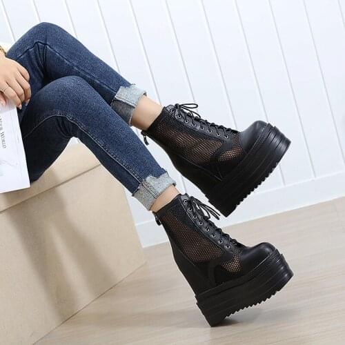 2021 Spring Summer Women Thick Sole Ankle Boots Lace Up Fashion Luxury Platform Boots Womens High Heels Shoes Air Mesh