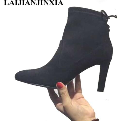LAIJIANJINXIA Genuine Leather Women Boots Kid Suede Leather Ankle Boots Fashion Short Plush Keep Warm High Heel Ladies Shoes