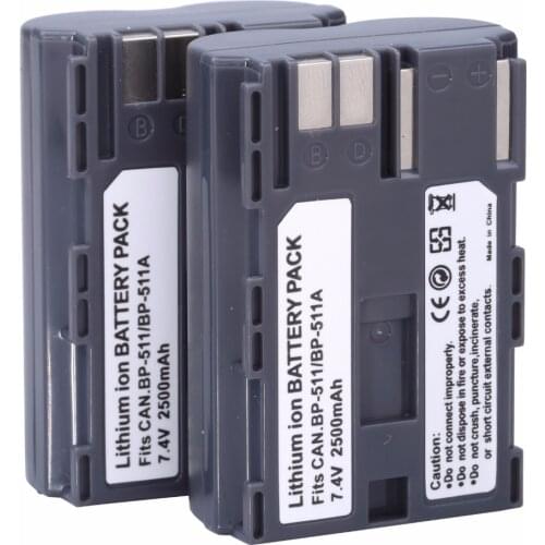 2Pcs 2500mAh BP-511 BP511A Rechargeable Battery Batteria Batteries For Canon 20D 30D 40D 50D MV 30i 300 300i ZR20 25MC Camera