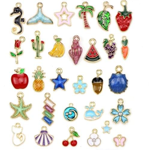 30pcs/set Alloy Enamel Triangle watermelon Coconut tree cactus shell starfish flower Charms Pendant Jewelry Making Decoration