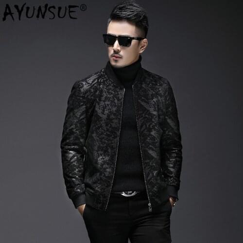 AYUNSUE Mens Genuine Leather Jacket Short Slim Fit Sheepskin Leather Coat Vintage Bomber Jacket Real Leather Jackets L18-4801