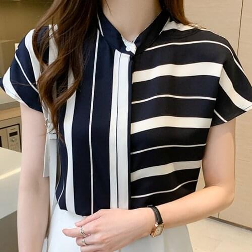 Blouses Shirts Short Sleeve Blouse Women Blusas Mujer De Moda 2021 Summer Striped Chiffon Blouse Women Shirt Tops Women E984