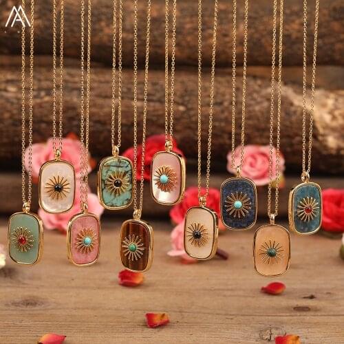 Paved Sun Flower Natural Rhodonite Lapis Amazon Stone Beads Pendant Gold Chains Adjustable Necklace For Women Jewelry Dropship