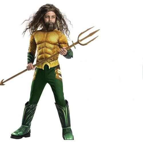 KIds Children Cosplay Costume Gold Muscle Cosplay jumpsuit Superhero Costumes Halloween Costume with weapon Trident