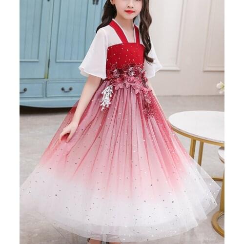 Kids Dresses For Girls Chinese New Year Party Frock Flower Princess Gradient Color Girl Dress Childrens Traditional Style Dress