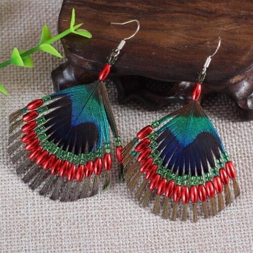 Ethnic style peacock feather tassel earrings retro long super fairy ethnic handmade earrings fashion characteristic earrings0285