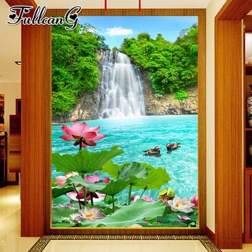 FULLCANG Lotus scenic waterfall full square round drill large 5d diamond painting scenery diy mosaic embroidery sale FC2428