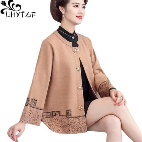 UHYTGF Cardigan Women Quality Knitted Wild Spring Autumn Jacket Elegant Mother Loose 4XL Plus Size Tops Casual Short Coat 1227