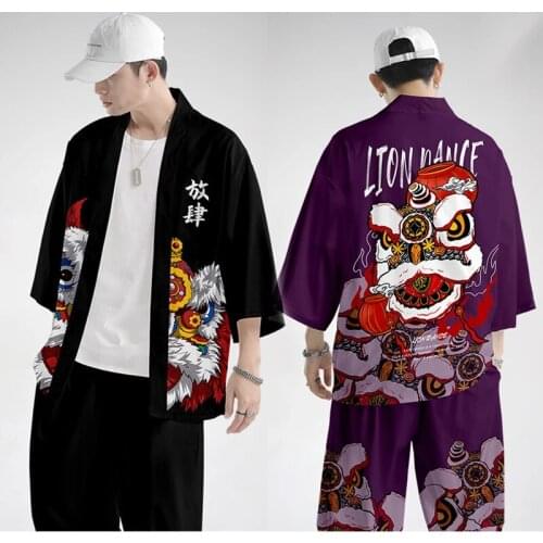 Chinese Lion Dragon Print Japanese Kimono Cardigan Jacket Coats Streetwear Harajuku Hip hop Casual Loose Shirt Tops