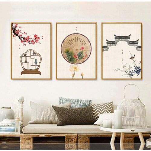 Chinese Prints Posters Wall Art Canvas Paintings Pictures For Living Room Pink Flower and Building Modern Decoration Pictures
