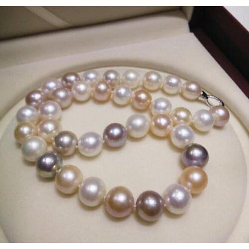 Round huge AAA 11-12 mm Tahitian multicolor natural pearl necklace 18 INCH 36"