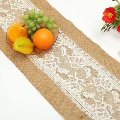 Hessian Burlap Lace Table Runner 12 x 108 inch Natural Jute Table Runners for Vintage Country Wedding Party Banquet Decoration