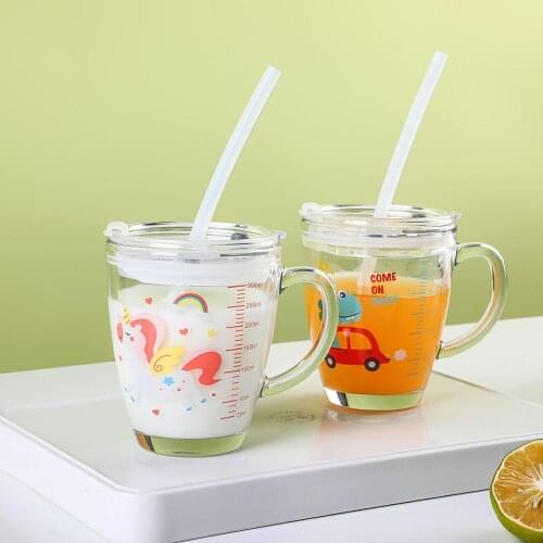 300ML High Borosilicate Glass Cup With Straw+Lid Double Wall Water Milk Tea Glass Insulation Cup Mugs For Kids