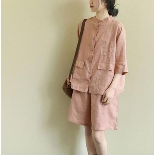 2021 Summer Womens Suits Large Size Loose Literary Short-sleeved Shirt Solid Color Five-point Pants Female Casual Two Piece Set