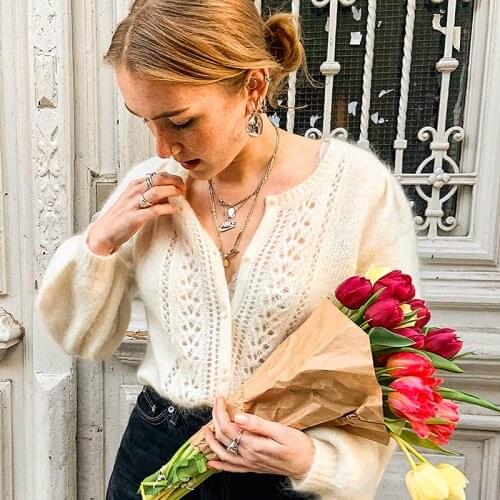 Fancy Mohair Knitted Jumper Women Winter Autumn Elegant Long Sleeve O-neck Casual Sweater Femme Vintage Chic Cardigan Gilet 2021