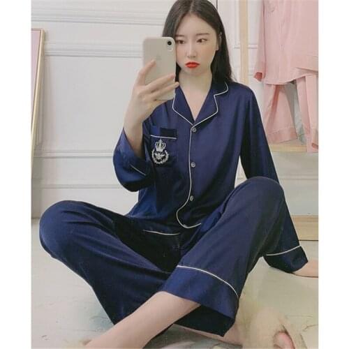 Pajamas spring and summer ladies long-sleeved suit rayon home service thin section can be worn outside loose navy blueNight set