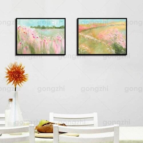Romantic Abstract Canvas Painting of Pink Flower Field Wall Pictures Valentines Day Presentfor Living Room and Bedroom