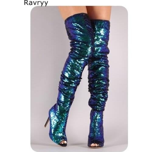 Bling bling peacock blue womans long boots peep toe thin heel over-the-knee boot party club show model female shoes booties