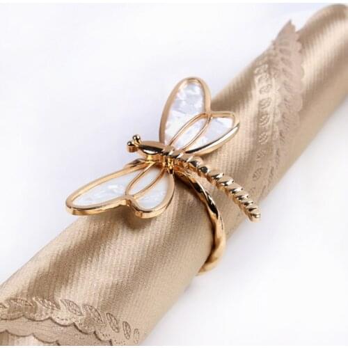 Shiny Gold Plated Seashell with Clear Crystal Stones Jeweled Dragonfly Design Metal Alloy Napkin Rings Set of 6 Pieces