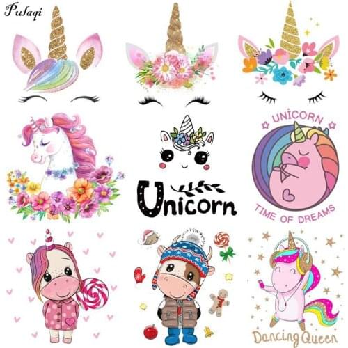 Hippie Unicorn Iron On Transfers For Clothing T-Shirt Heat Transfer Vinyl Transfer Cartoon Thermal Stickers PVC Patches Applique