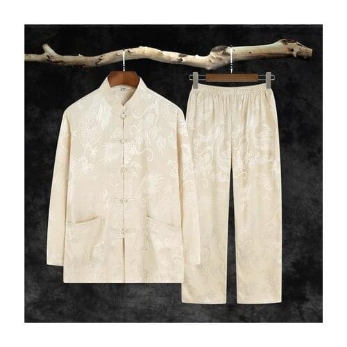 Traditional Chinese Clothing Set Man Oriental 2 Pieces Tai Chi Kung Fu Uniforms Short Sleeve Satin Dragon Chinese Costumes Hanfu