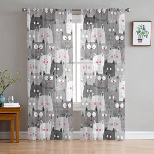 Cartoon Grey Cat Kawaii Window Curtains Living Room Tulle Curtains Kitchen Decor Kids Room Curtain Window Treatment