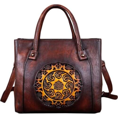 Female Retro Genuine Leather Handbag for Women Vintage Flower Shoulder Bag New 2021 Handmade Crossbody Bag Womens Briefcase