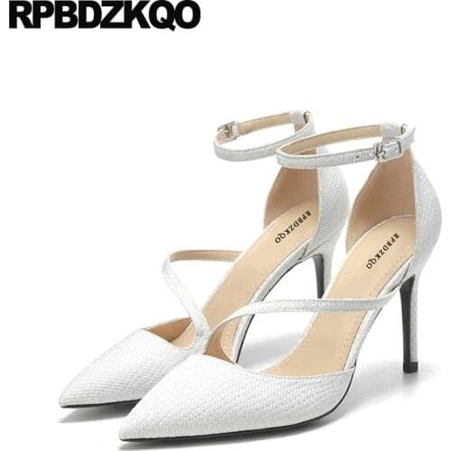 3 Inch Ankle Strap Glitter Prom Ladies White Pointed Toe High Heels Scarpin Silver Sandals Shoes Pumps Size 33 Gun Color Plus