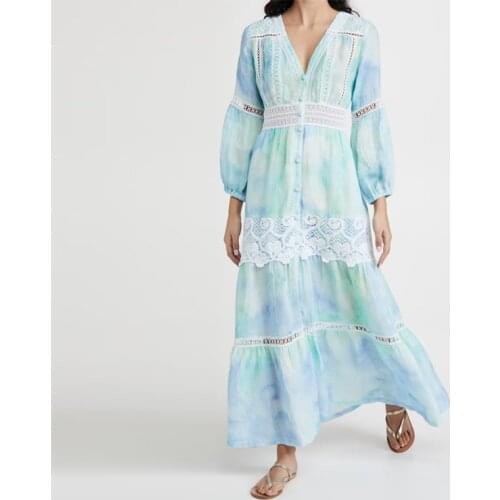 2021 cotton linen Lantern Sleeve blue maxi long dress lace patchwork women pink elegant dresses