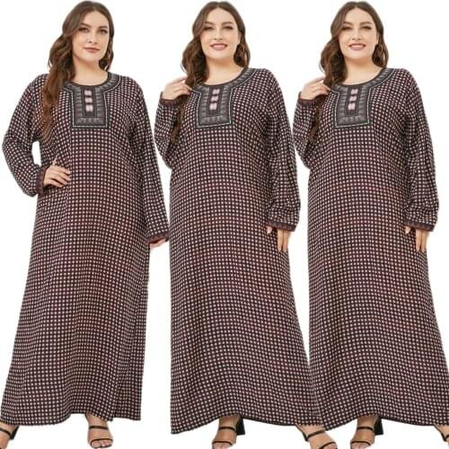 Women Printed Long Dress Abaya Muslim Vintage Islamic Maxi Robe Gown Middle East Kaftan Plus Size Loose Casual Embroidery Gown