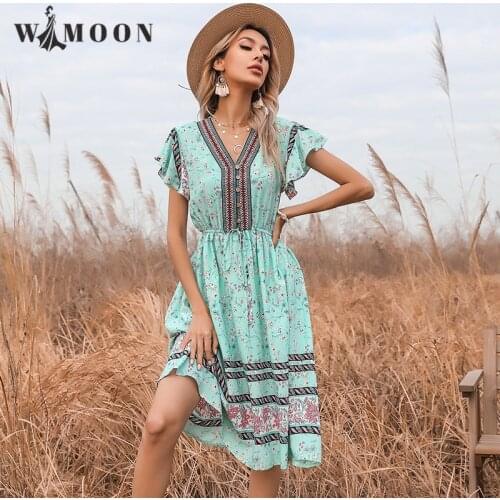 2021 Summer New Medieval Floral V-neck Lace Elastic Trumpet Flare Sleeve Indie Folk A-LINE Button Knee-Length Dresses for Women