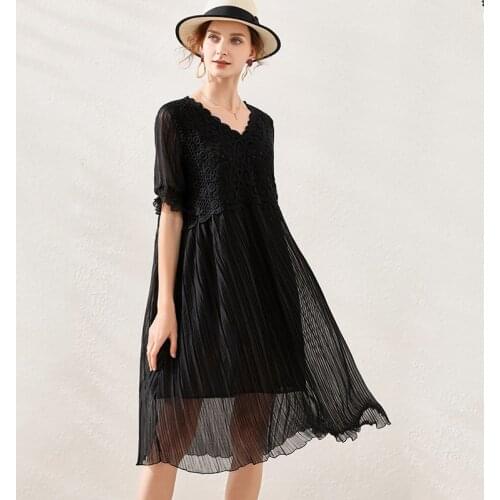 Plus size womens 2020 summer new fashion slim hollow-out patchwork ruffled chiffon dress short sleeve V neck Elegant dress