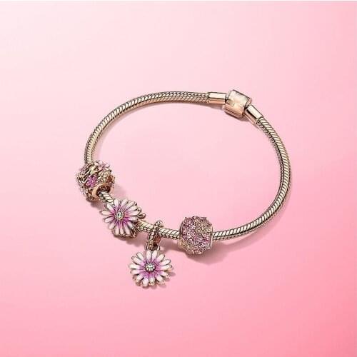 2020 New 925 Pure Silver Rose Gold Shining Daisy Bracelet Set Fashion Romantic Sweet Gift