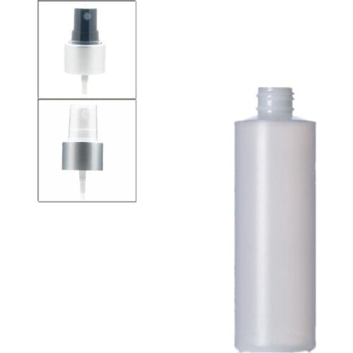 250ml empty plastic soft bottle ,natural-colored HDPE cylinder round with black/white Aluminum Fine Mist Sprayers