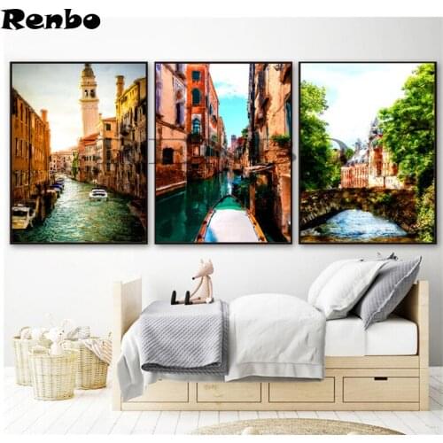 3pcs/set 5D DIY Diamond Painting,Cross Stitch,Full Square,Diamond Embroidery,Water town Scenic,3D,mazayka Diamond Mosaic,sticker