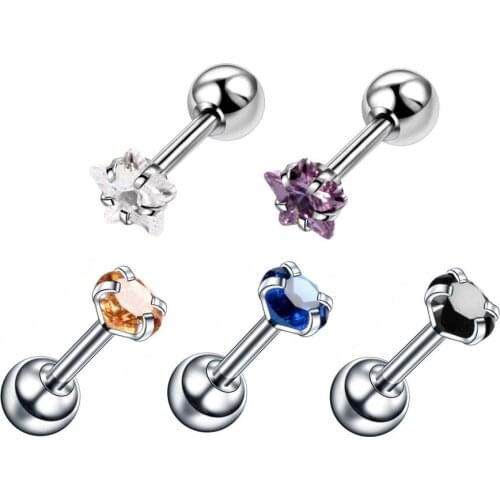 5pcs High Quality Stainless Steel Star Round Zircon Earrings mixed color Ear Bone Nail Hypoallergenic Puncture Jewelry