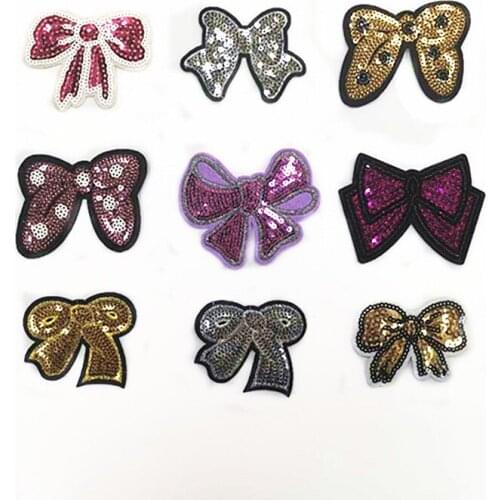 50pcs/Lot Sequin Bow Embroidery Patches Letters Clothing Decoration Accessories Diy Iron Heat Transfer Applique Clothes