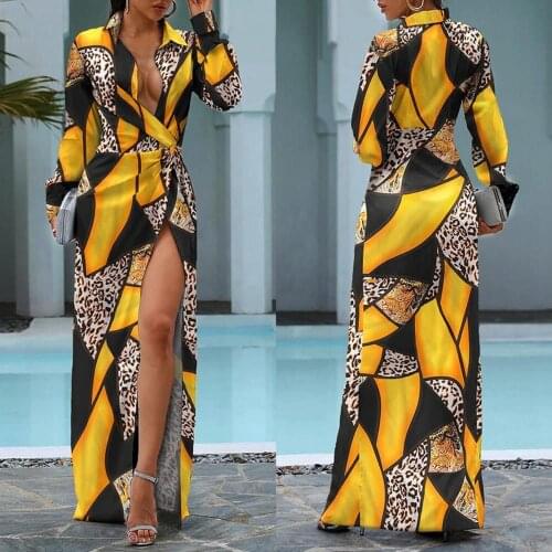 70% Hot Sell Women Sexy Printing Leopard Long Sleeve Deep V Neck High Waist Split Maxi Dress