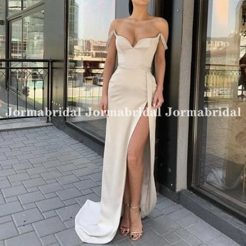 Champagne Satin Evening Dresses Sexy V-Neck Off The Shoulder Spaghetti Straps High Split Belt Long Sheath Formal Party Gowns