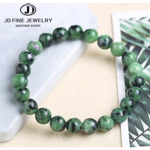 JD Natural Epidote Zoisite Stone Beads Bracelet Smooth Round Red Green Treasure Stone DIY Handmade Elastic Bracelet