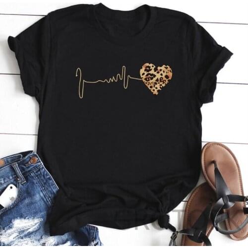 FIXSYS Women Leopard Heartbeat Short Sleeve Print Clothes Ladies Summer New Fashion T-Shirt Black Tops Female Casual T Shirt