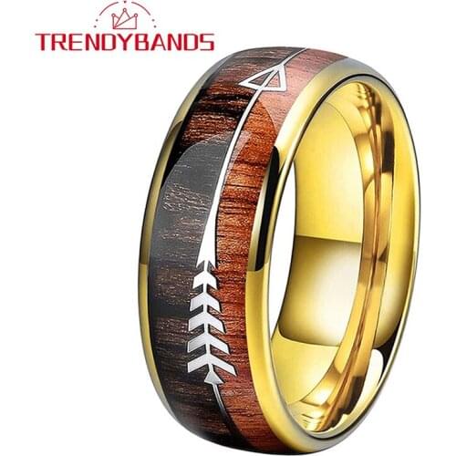 6MM 8MM Mens Womens Tungsten Rings Wedding Band Wood And Arrow Inlay Domed Polished Shiny Comfort Fit