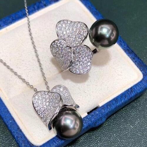 D915 Pearl Set Fine Jewelry 925 Sterling Silver Round 10-11mm Nature Sea Water Tahiti Black Pearls Jewelry Sets for Women Gifts