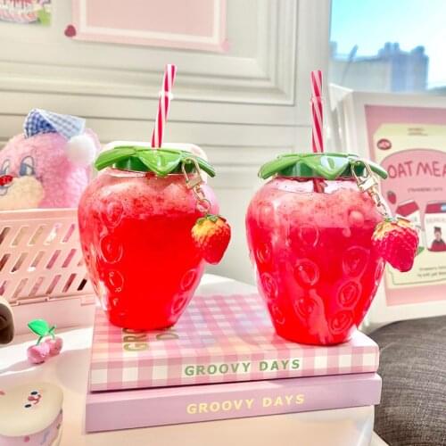 Ins Cute Strawberry Cup With Straw Creative Clear Plastic Water Bottles For Kids Girl Student Portable Cold Drink Water Cups